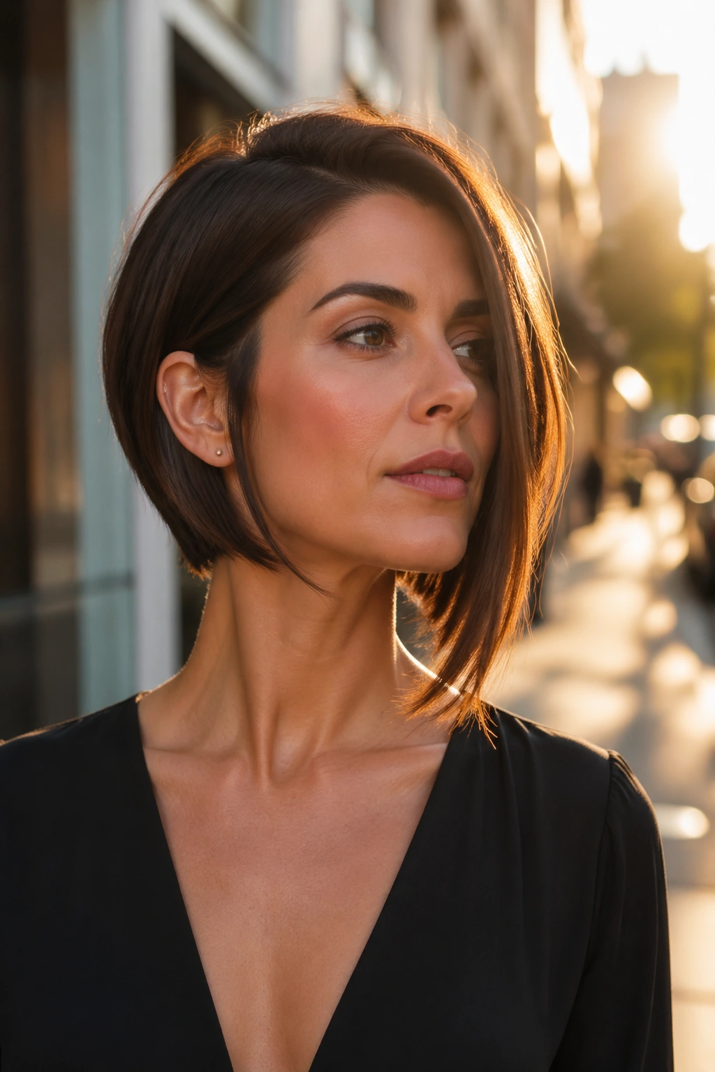 Portrait of a woman with an asymmetrical bob and diagonal line
