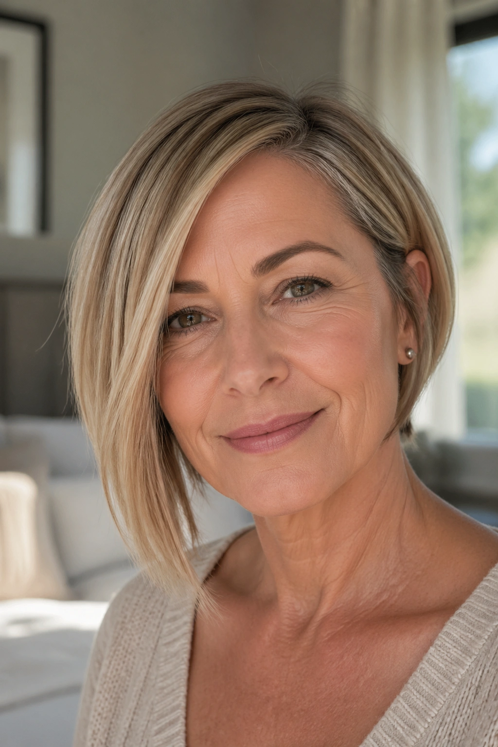 Close-up of a real woman with an asymmetrical bob, one side longer, in soft daylight.