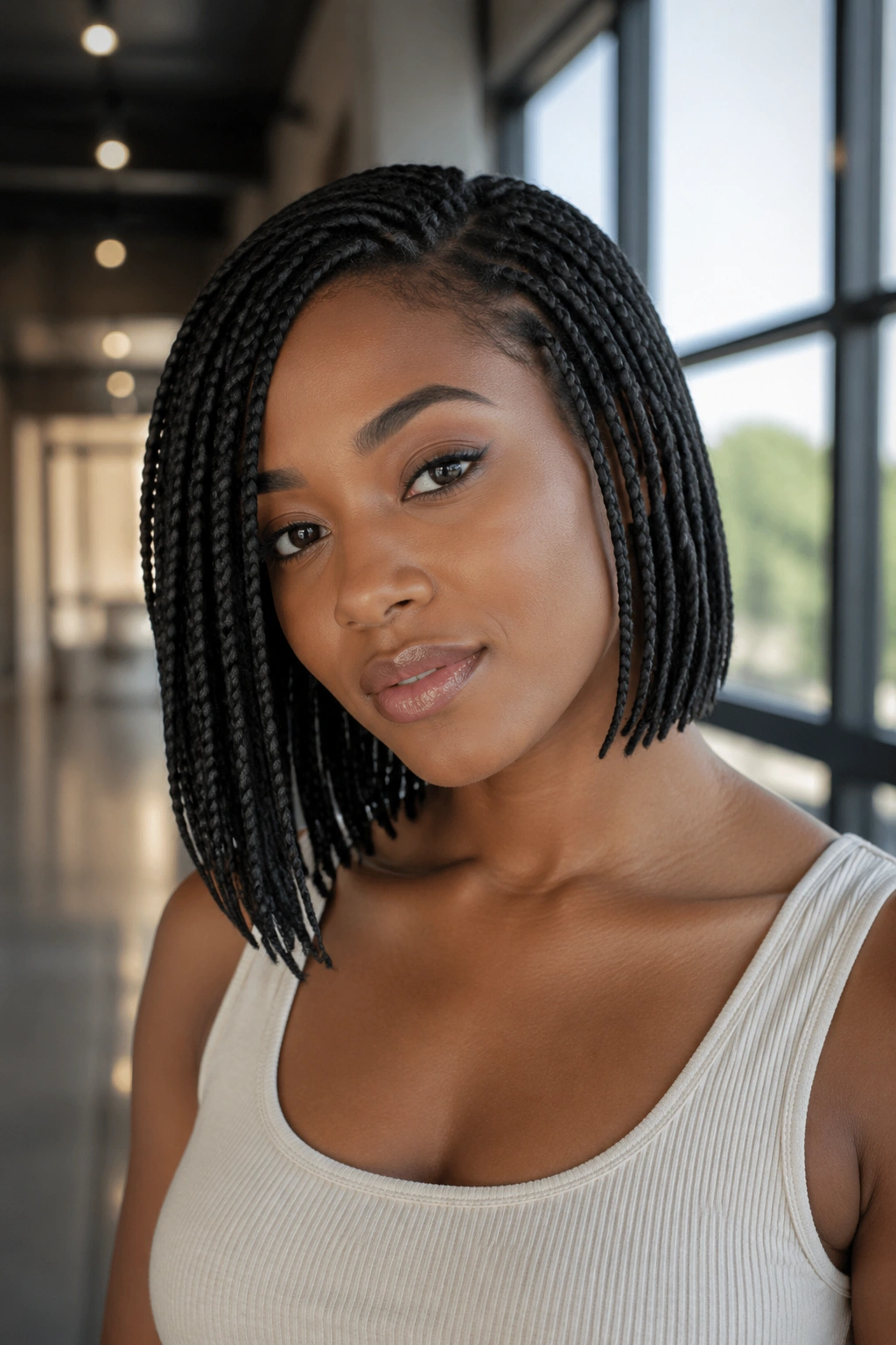 Close-up portrait of real woman with an asymmetrical bob