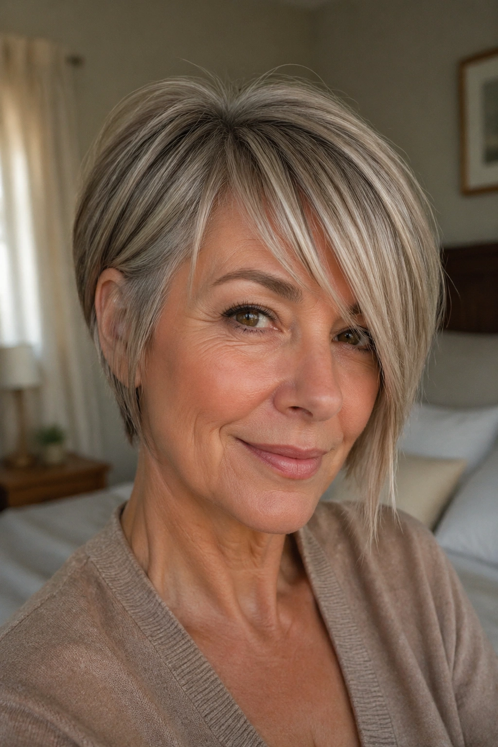 Close-up of a real woman with an asymmetrical bob and side bangs in warm window light