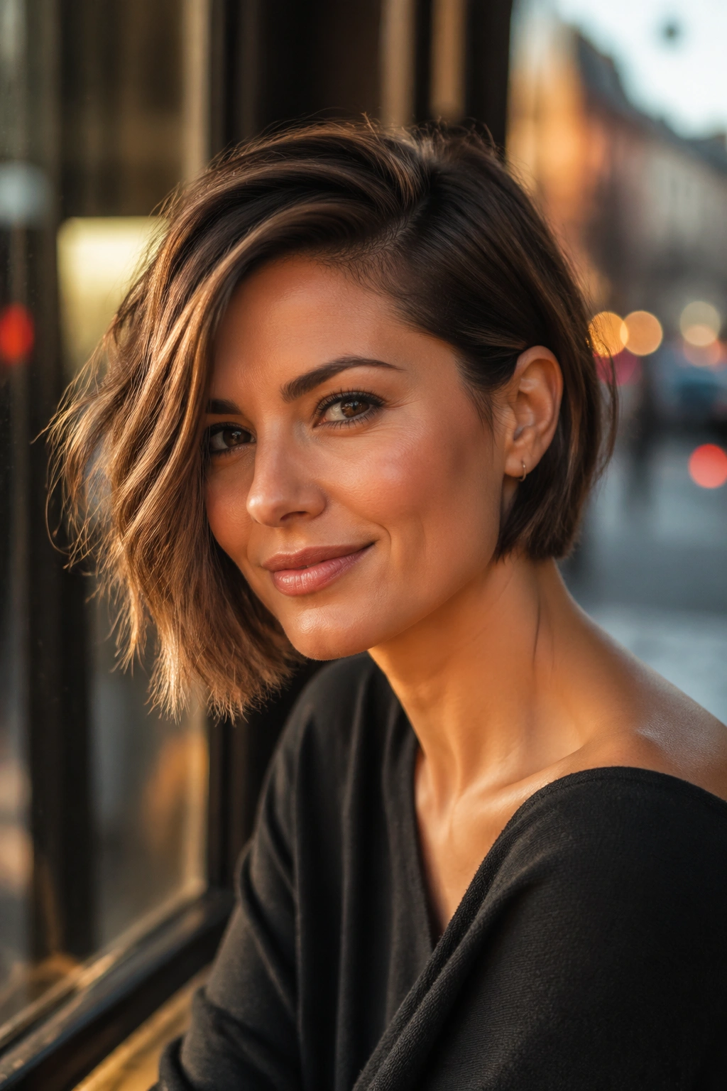 Portrait of a real woman with an asymmetrical bob and clean side sweep