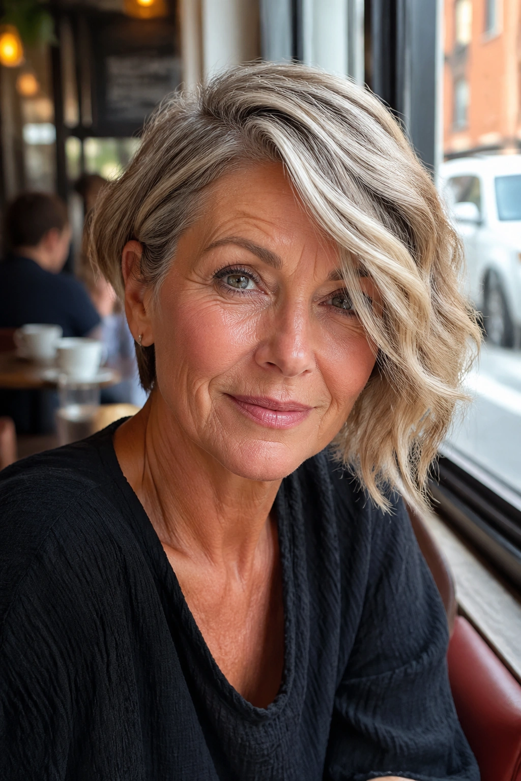 Close-up of a real woman's asymmetrical side-swept bob framing the cheek