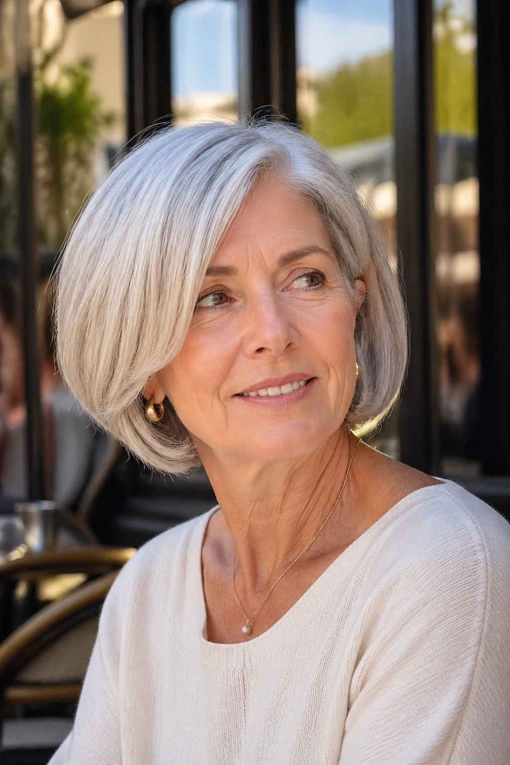 Portrait of a woman with an asymmetrical bob and soft sweep