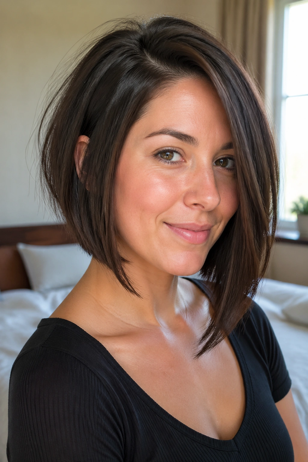 Close-up portrait of a real woman with asymmetrical bob for thick hair in warm window light