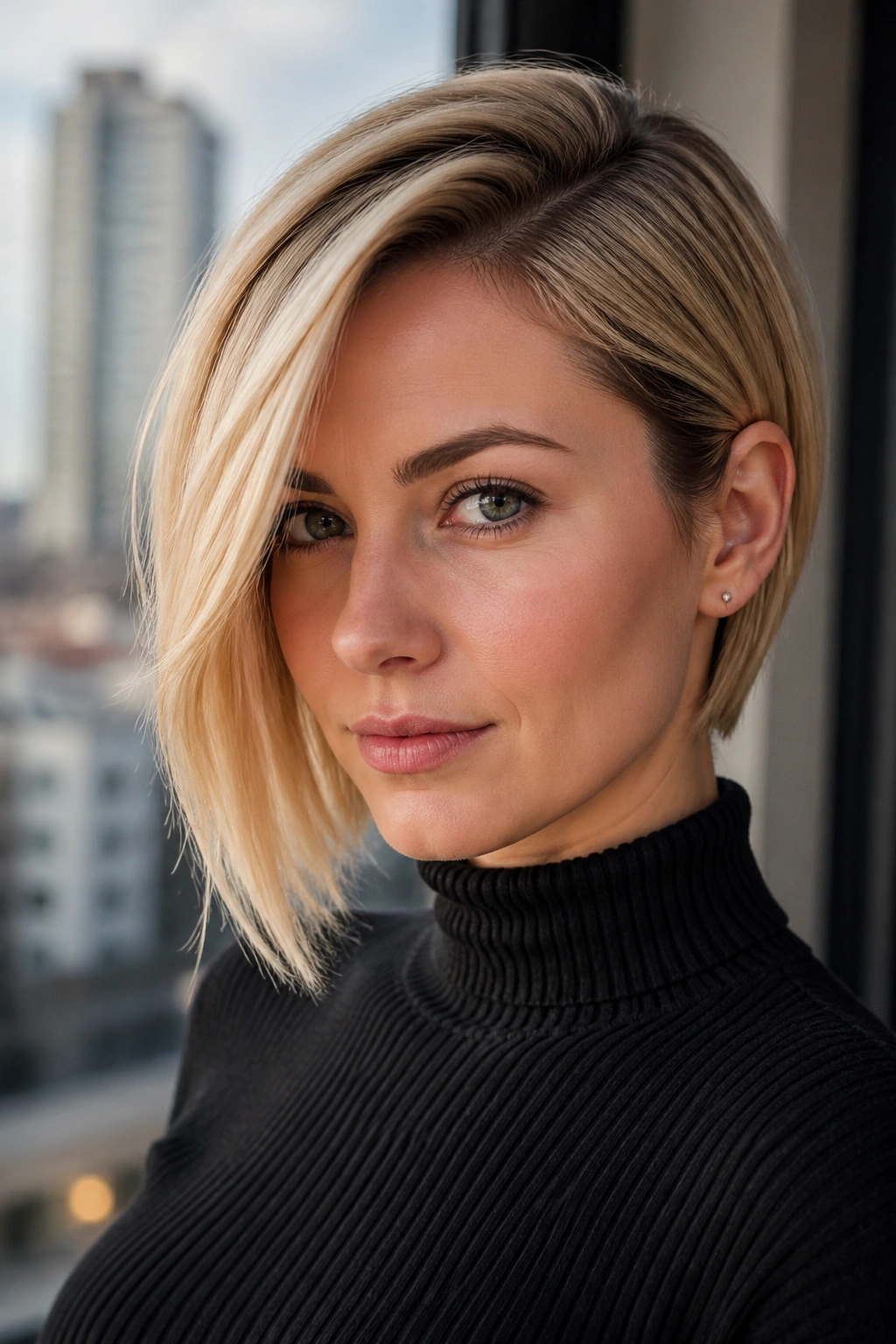Close-up of a real woman with asymmetrical blonde bob and tucked side