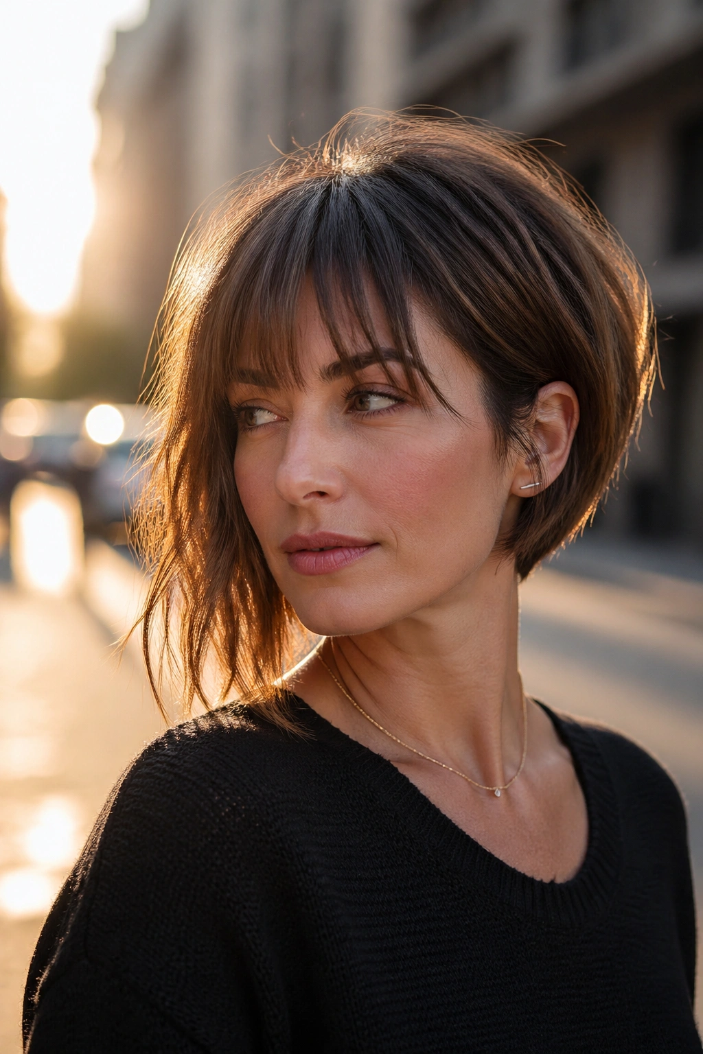 Portrait of a woman with an asymmetrical bob and wispy bangs on an urban street at golden hour.