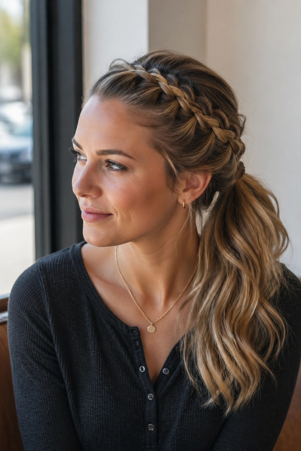 Close-up of a real woman with an asymmetrical French braid ponytail off-center