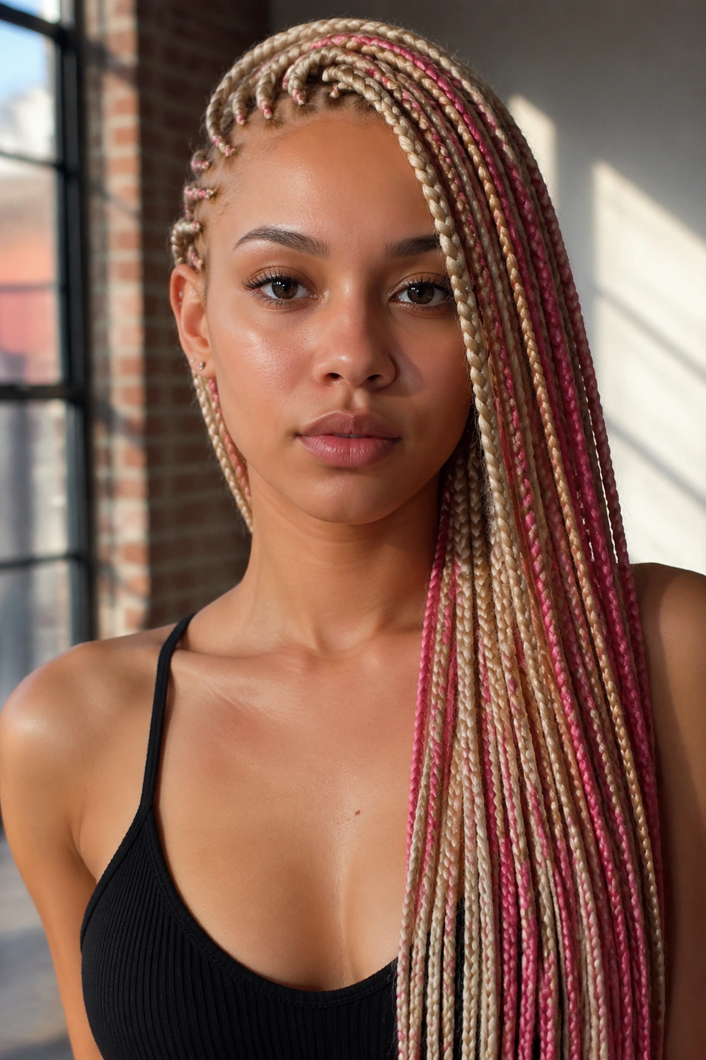 Close-up of asymmetrical blonde and pink knotless braids on a real person