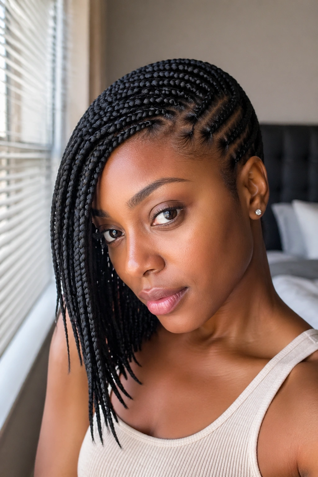 Close-up portrait of a woman with side-swept asymmetrical braids in warm window light
