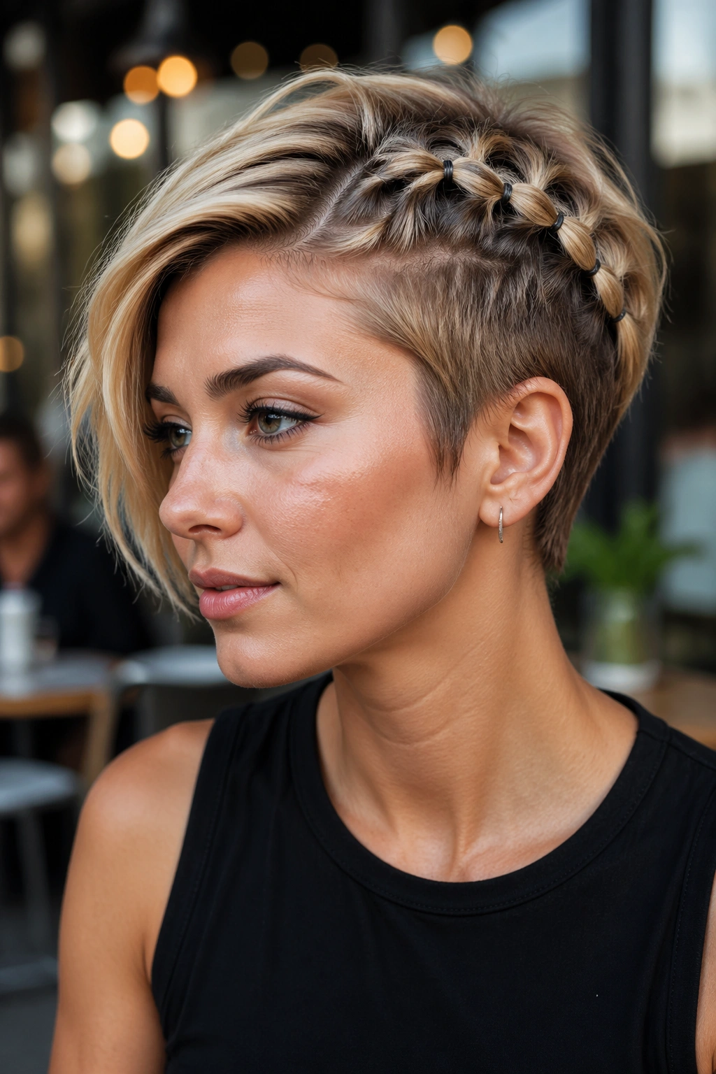Asymmetrical bubble braid sweeping back on pixie cut.