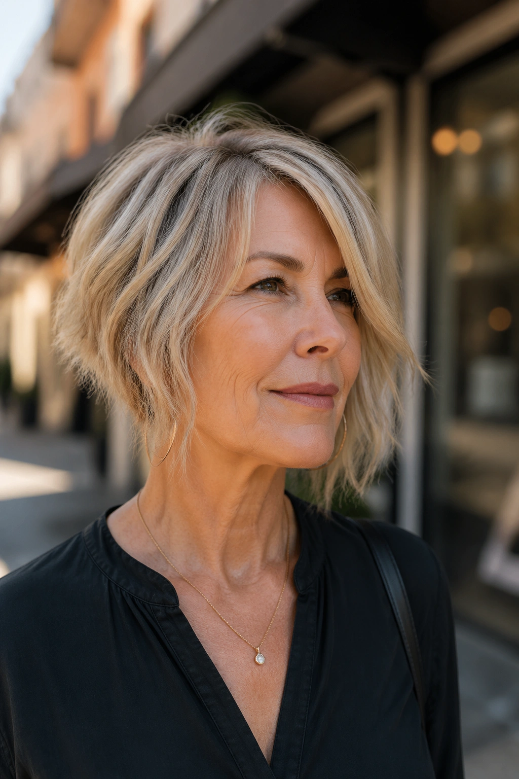 Older woman wearing an asymmetrical choppy bob in daylight