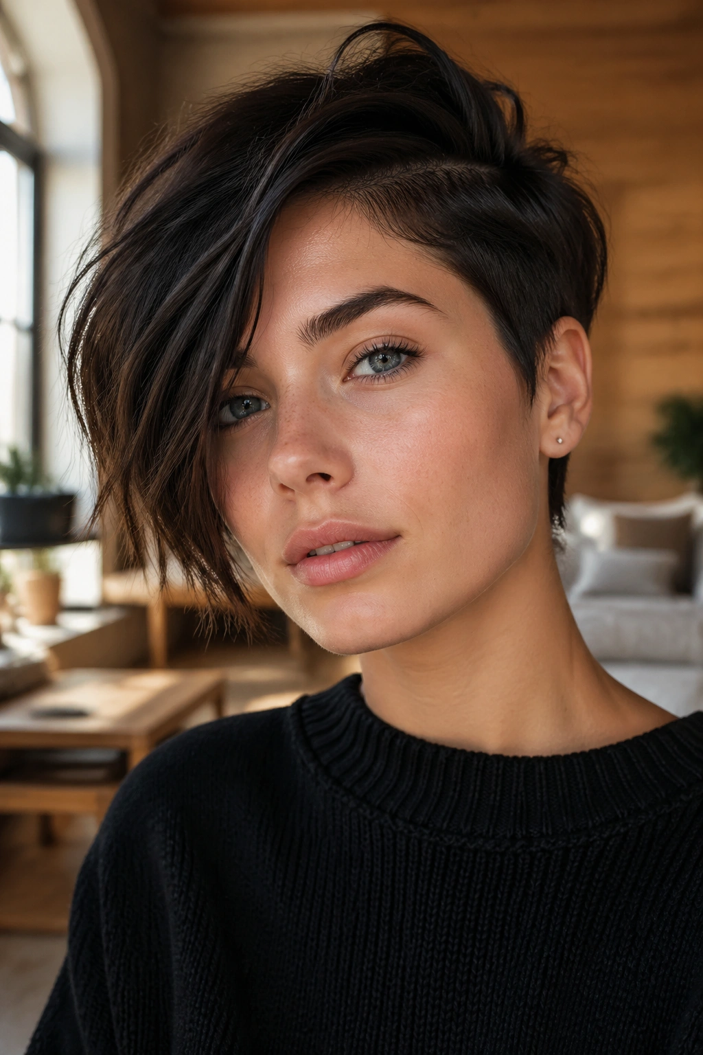Portrait of a real person with an asymmetrical crop and deep side part in a chic apartment