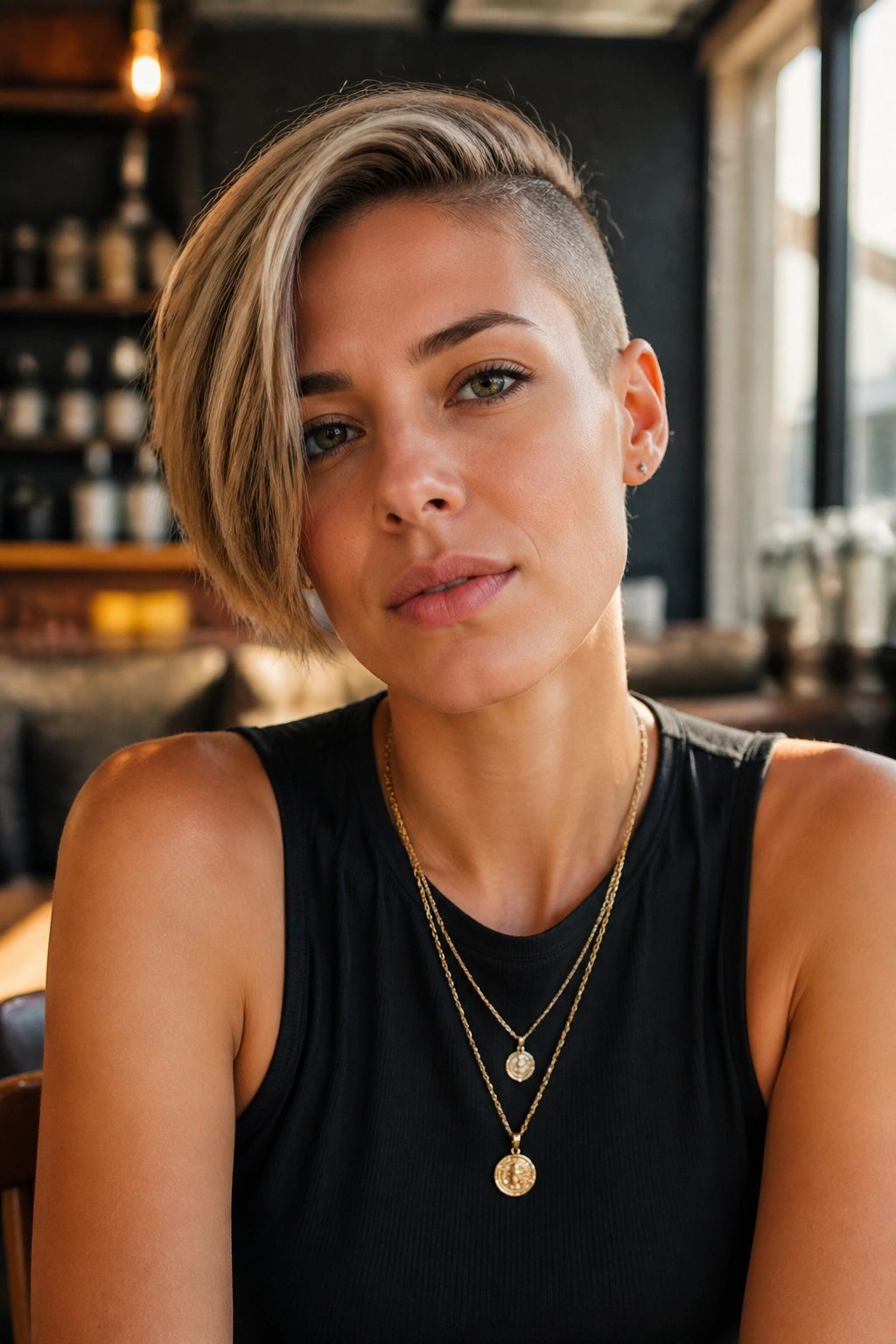 Portrait of a real person with an asymmetrical crop hairstyle in a cozy cafe