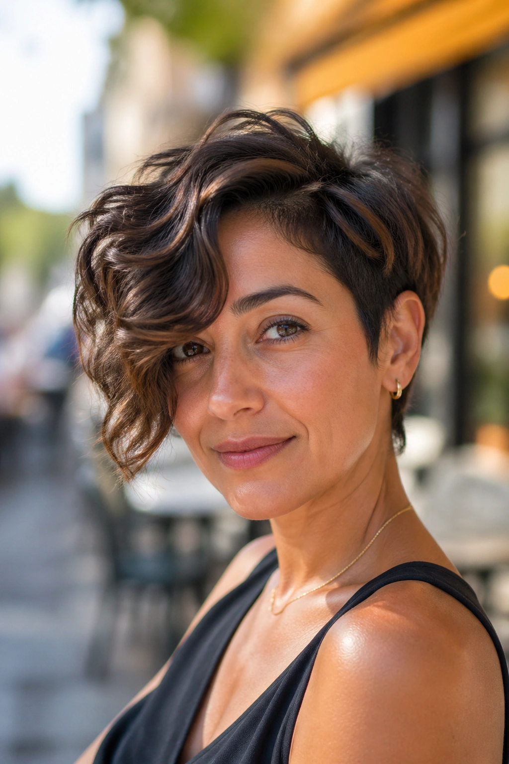 Close-up portrait of a real woman with an asymmetrical crop on wavy hair.