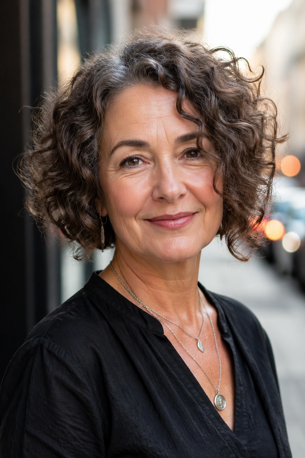 Portrait of a real woman with an asymmetrical curly bob in urban light