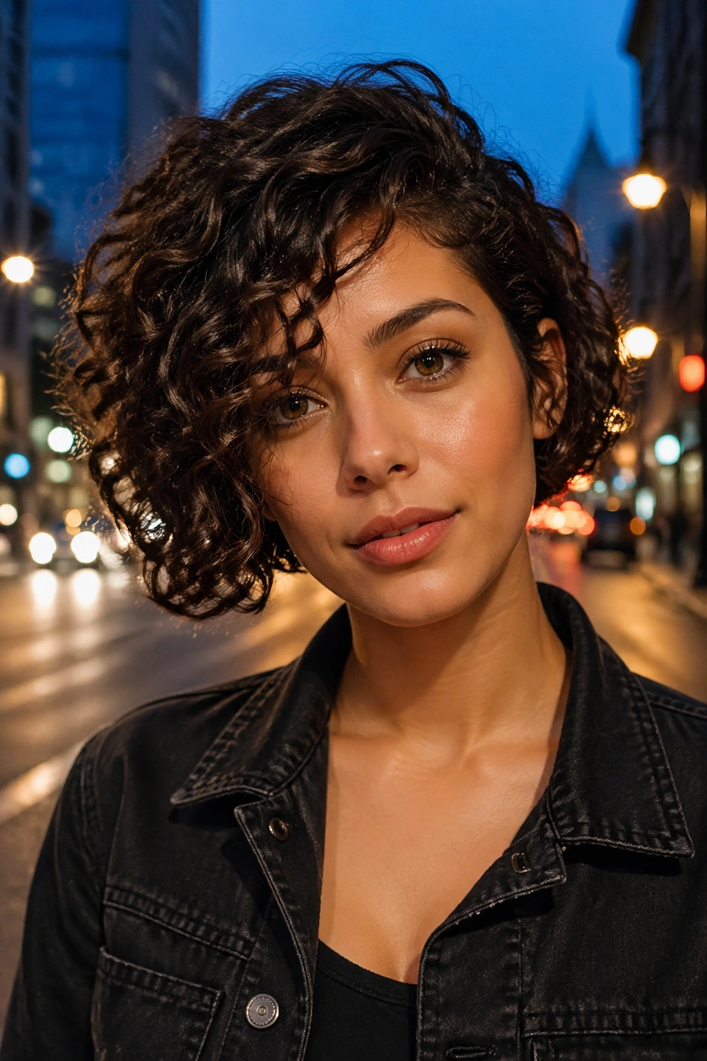 Close-up portrait of a real person with an asymmetrical curly bob showing a subtle longer side
