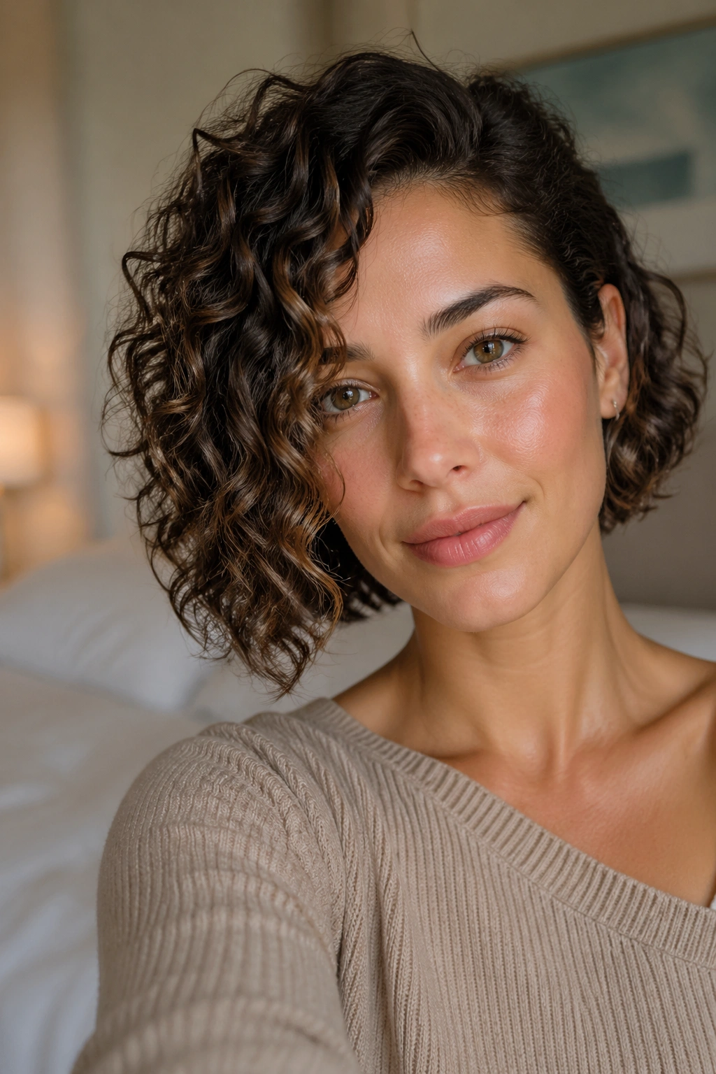 Close-up of a real woman showing an asymmetrical curly bob in warm window light.