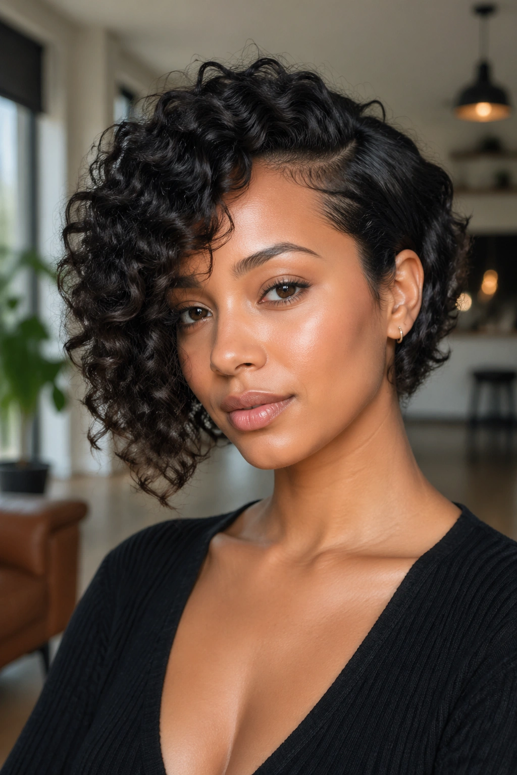 Portrait of a real woman with asymmetrical curly bob showing longer and shorter sides