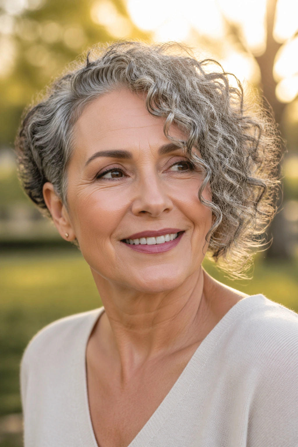 Close-up portrait of a real woman with asymmetrical curly bob