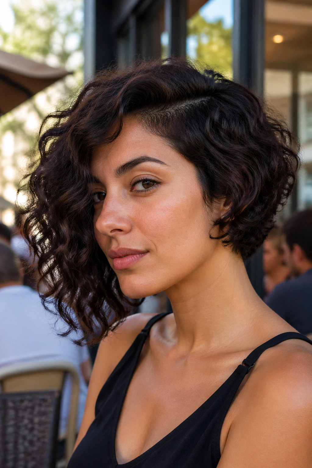 Real woman with asymmetrical curly inverted bob on a city sidewalk cafe