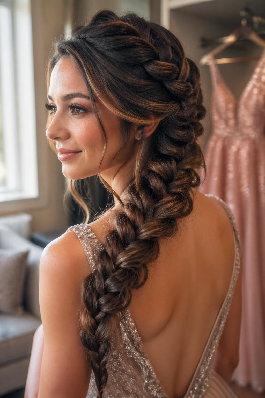 Profile of a woman with an off-center, diagonal dragon braid