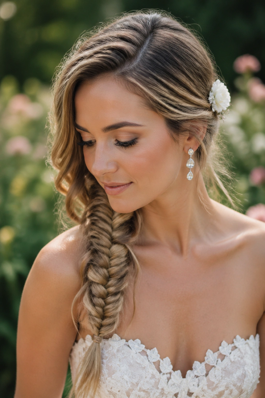 Close-up of a real bride with a deep side-parted asymmetrical fishtail in a garden setting