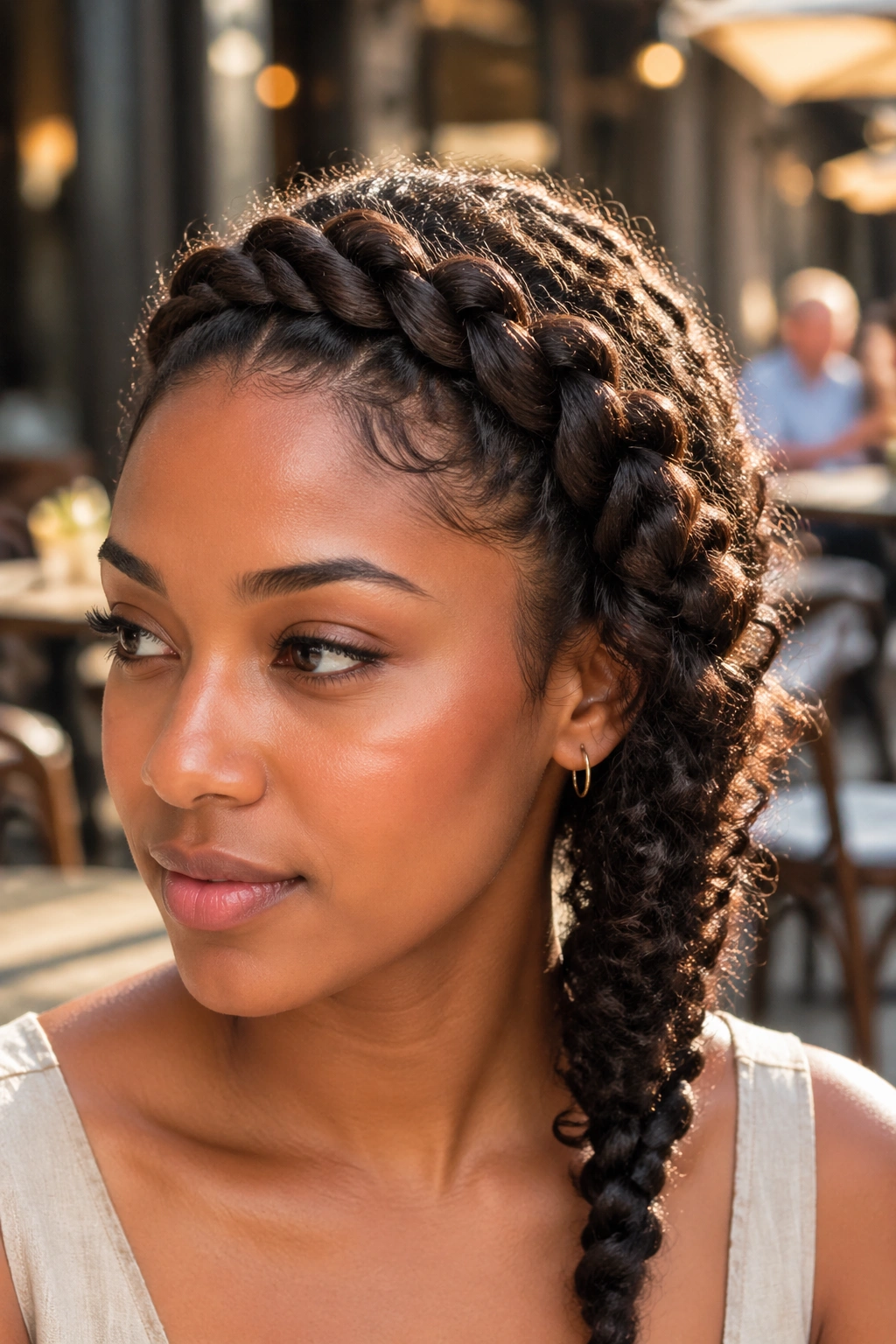 Asymmetrical halo rope braid with side drop on a real person