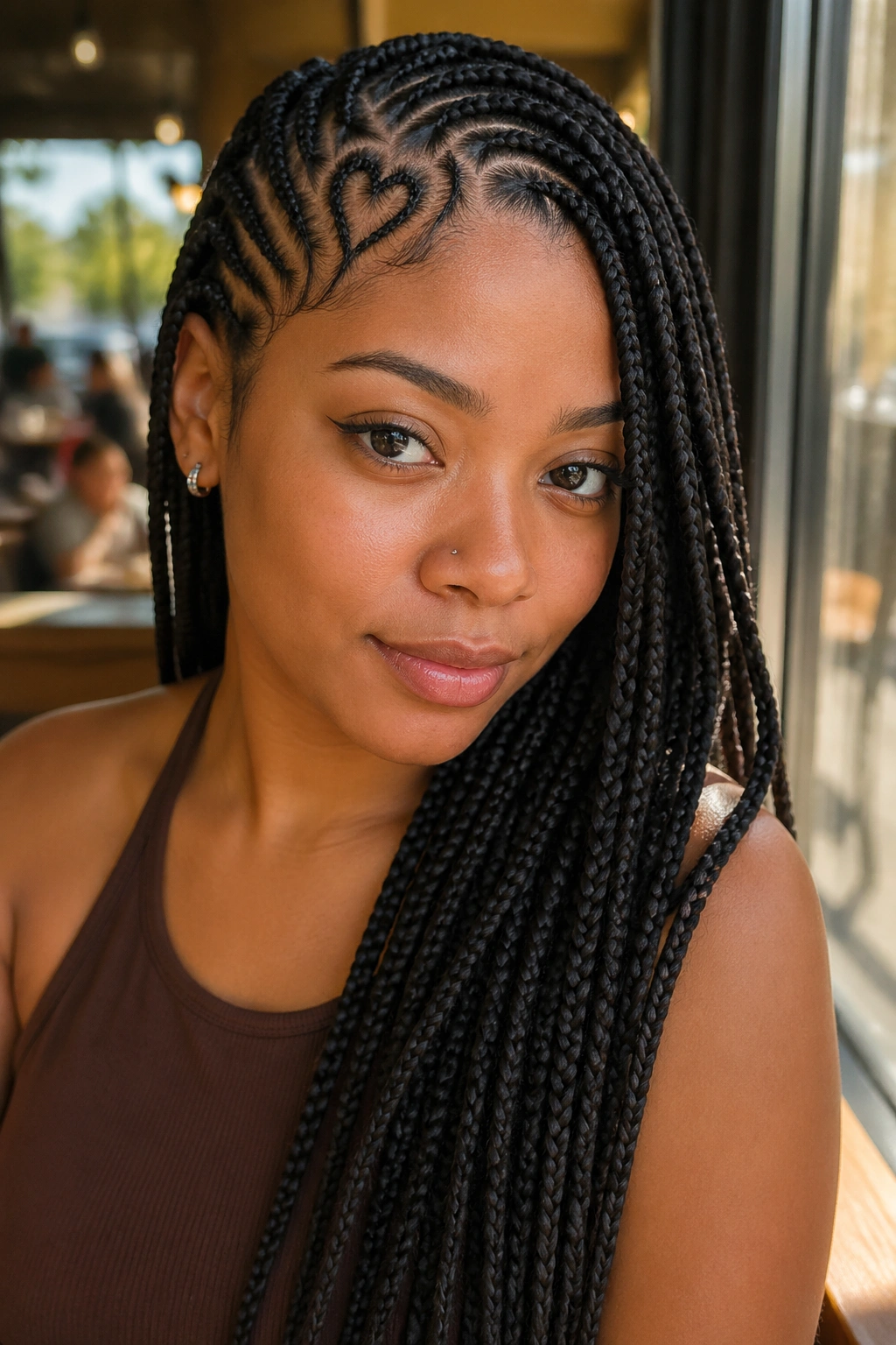 Close-up of a real person with an off-center heart braid sweep