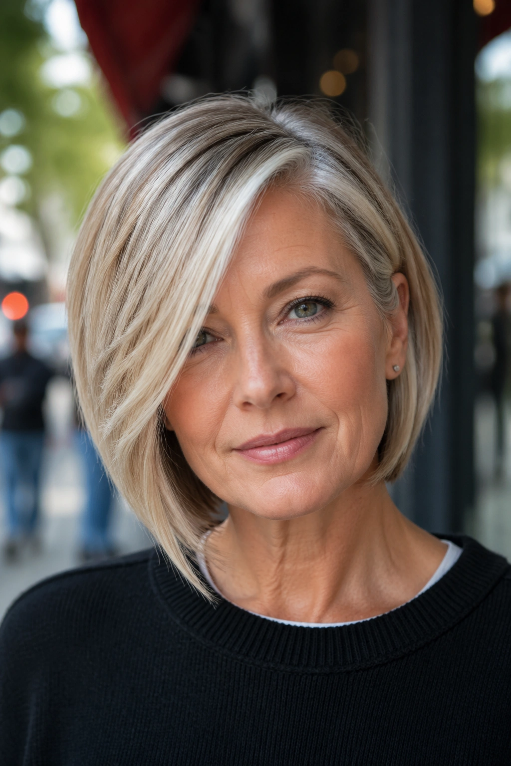 Close-up portrait of a real woman with an asymmetrical lob and one-side sweep.