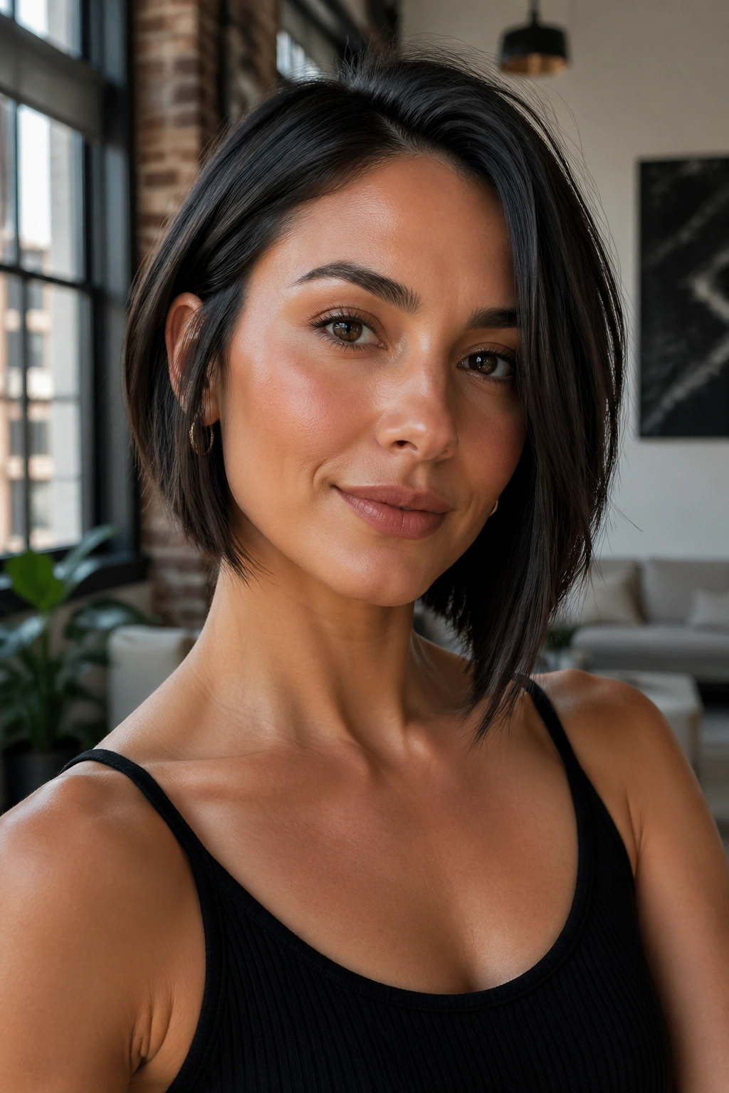 Medium close-up of a woman with asymmetrical bob on oval face in modern loft