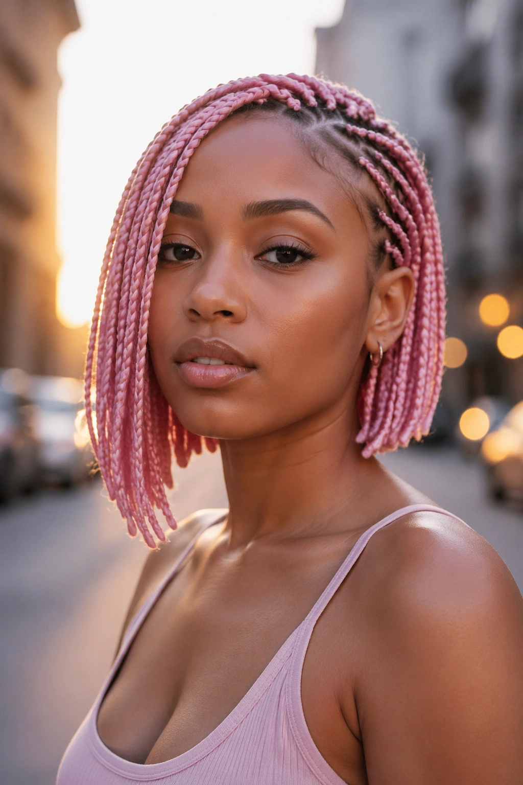 Close-up portrait of a woman with asymmetrical pink bob and longer side.