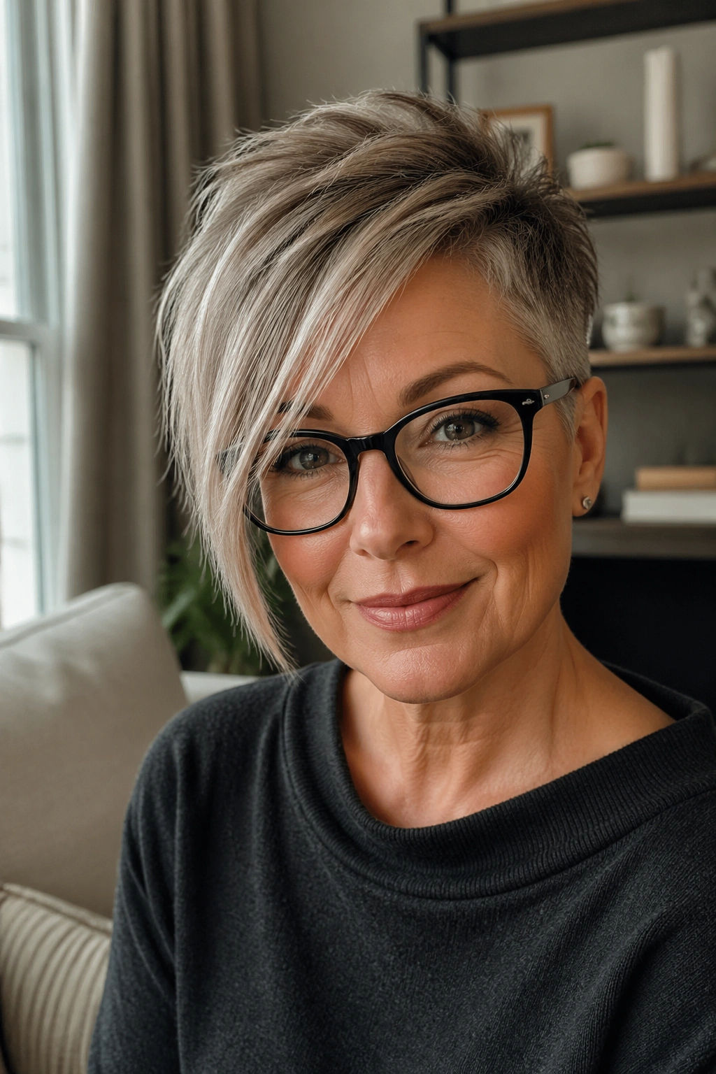 Close-up portrait of a real woman with asymmetrical pixie haircut.
