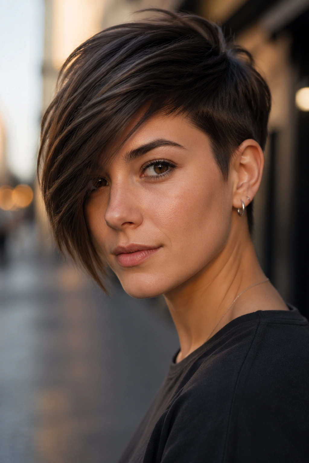 Close-up portrait of a real woman with asymmetrical pixie and long bangs