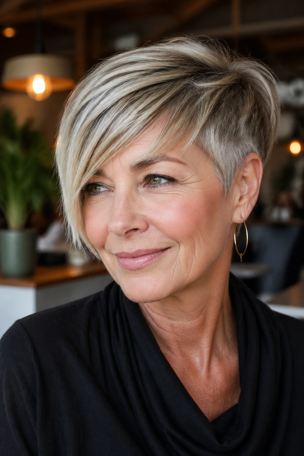 Close-up portrait of a real woman with an asymmetrical pixie and longer fringe