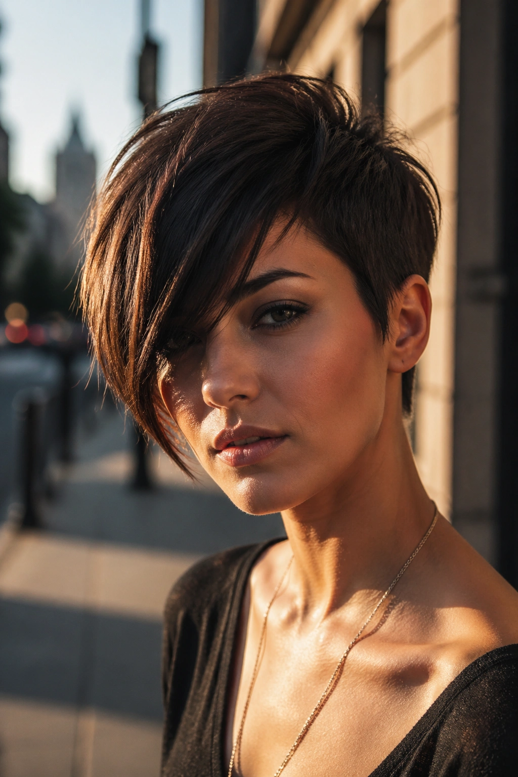 Close-up of a person with asymmetrical pixie and deep side fringe on city sidewalk