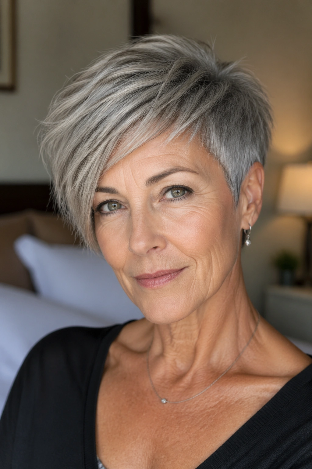 Close-up portrait of a real woman with an asymmetrical pixie hairstyle in a softly lit bedroom
