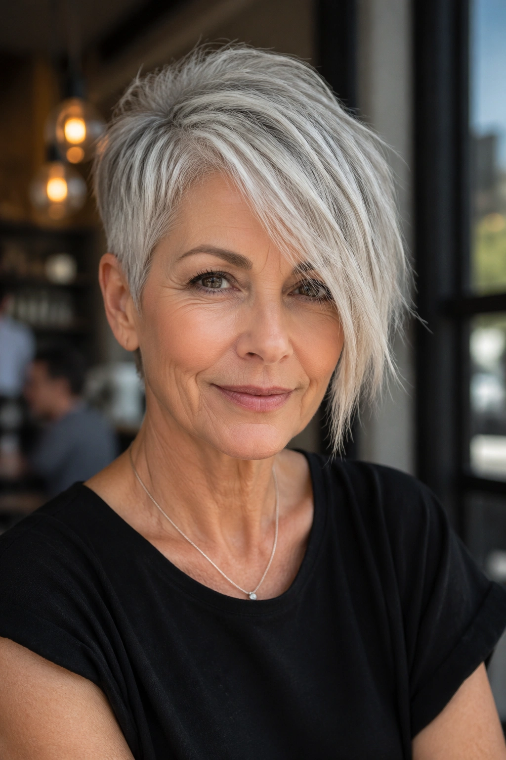 Portrait of a woman with an asymmetrical pixie and one longer side.