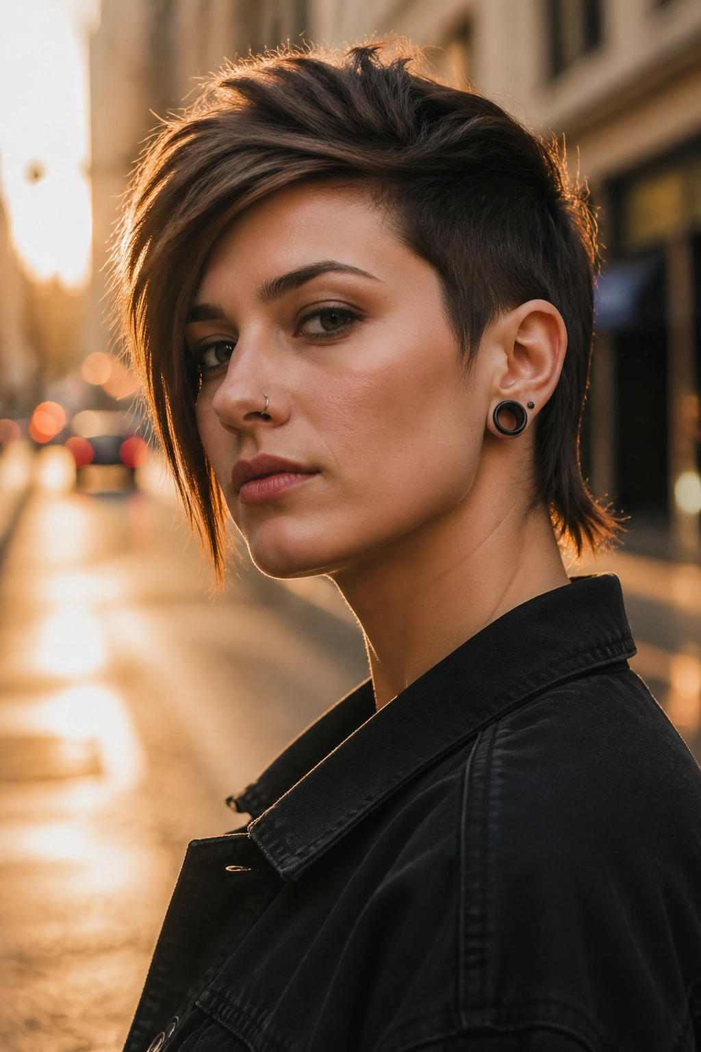Real person with asymmetrical pixie mullet showing one side shorter and the other longer.