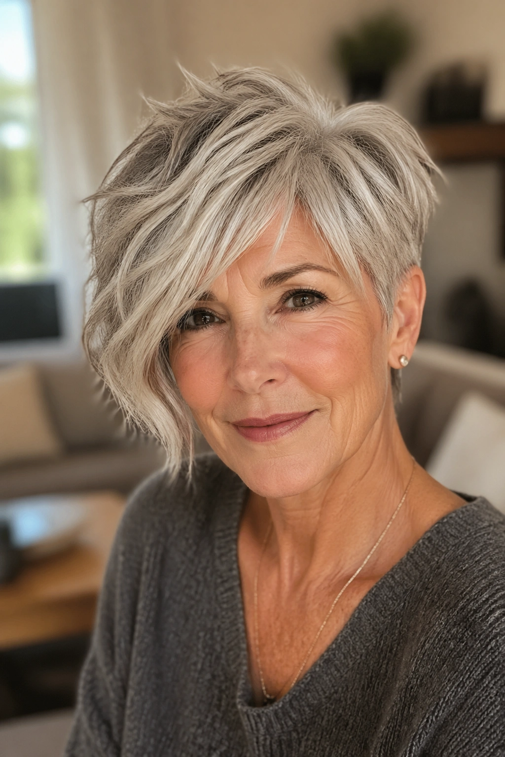 Close-up portrait of a real woman with an asymmetrical shaggy pixie under warm window light