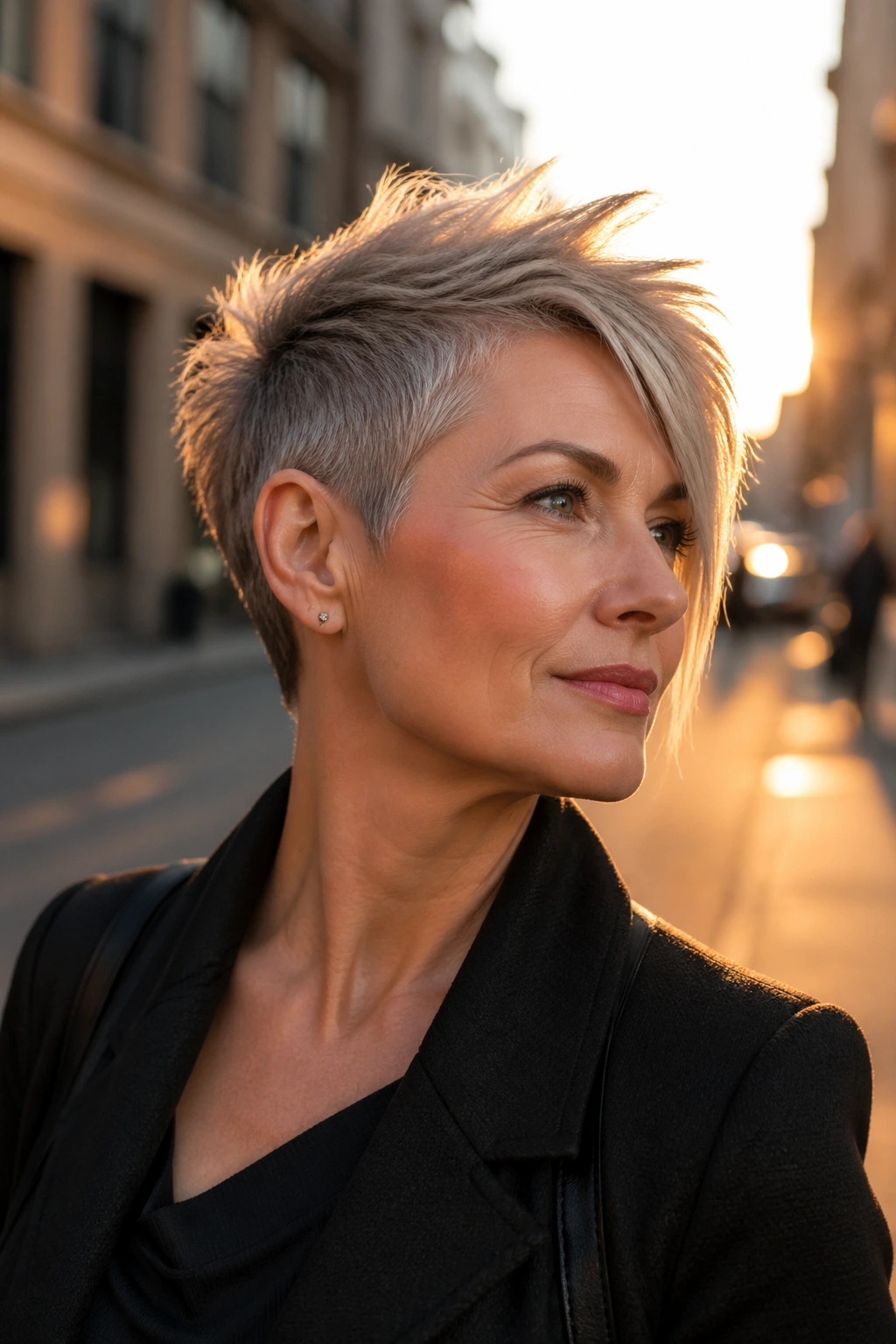 Close-up of a real woman with Asymmetrical Spiky Pixie on urban street light