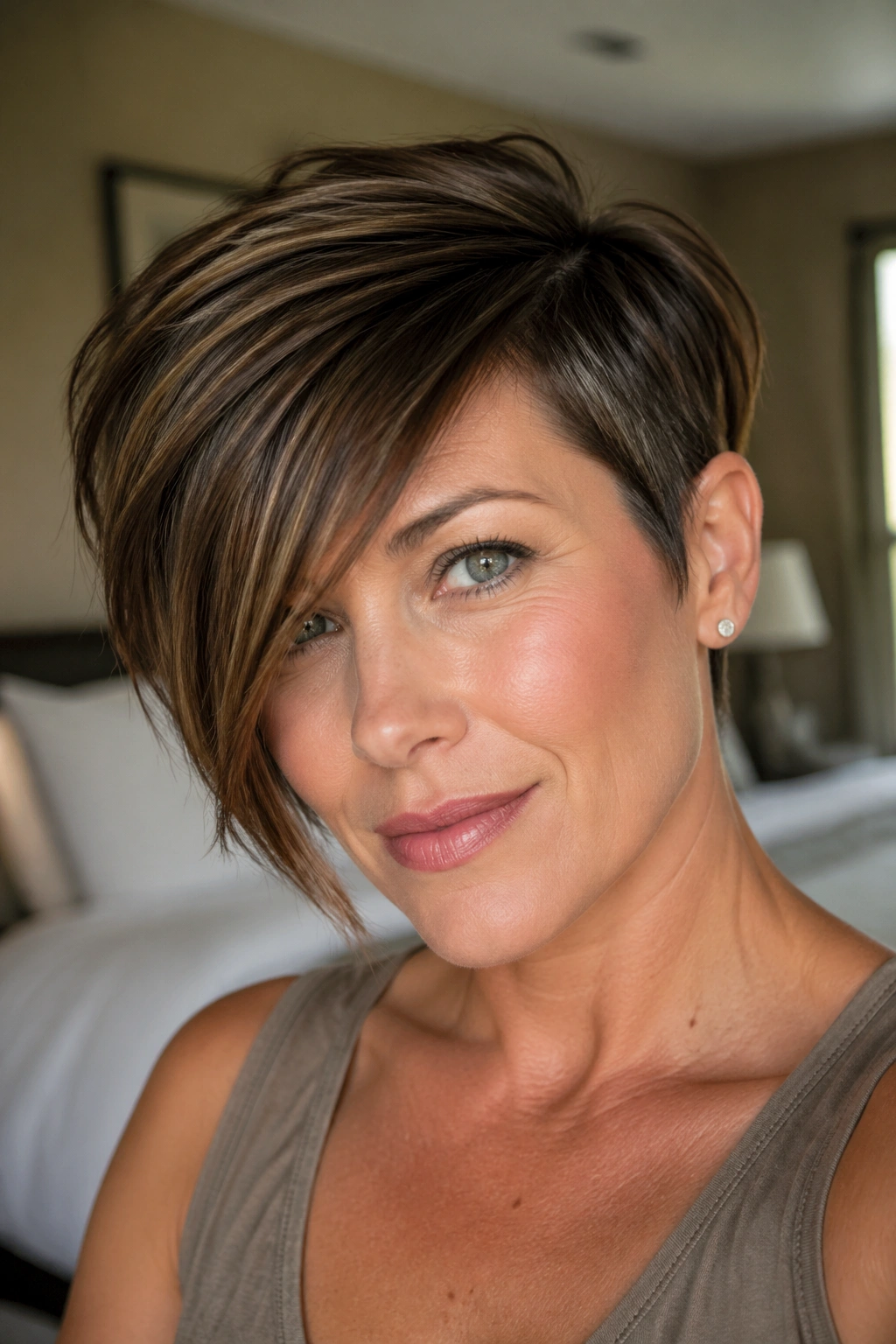 Close-up portrait of a real woman wearing an asymmetrical pixie with a heavy side skimming the cheek.