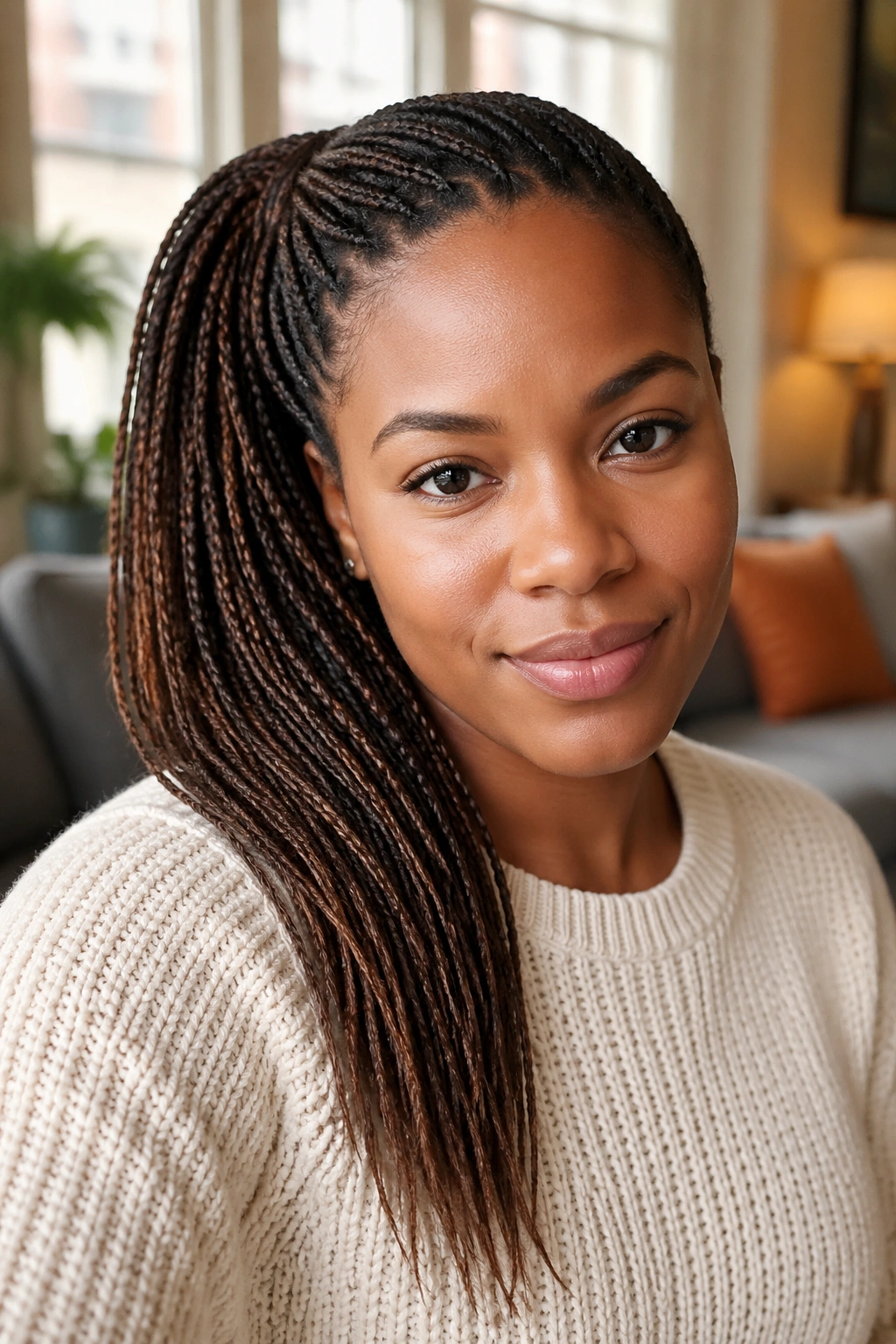Close-up of a real woman with an asymmetrical box braid ponytail.