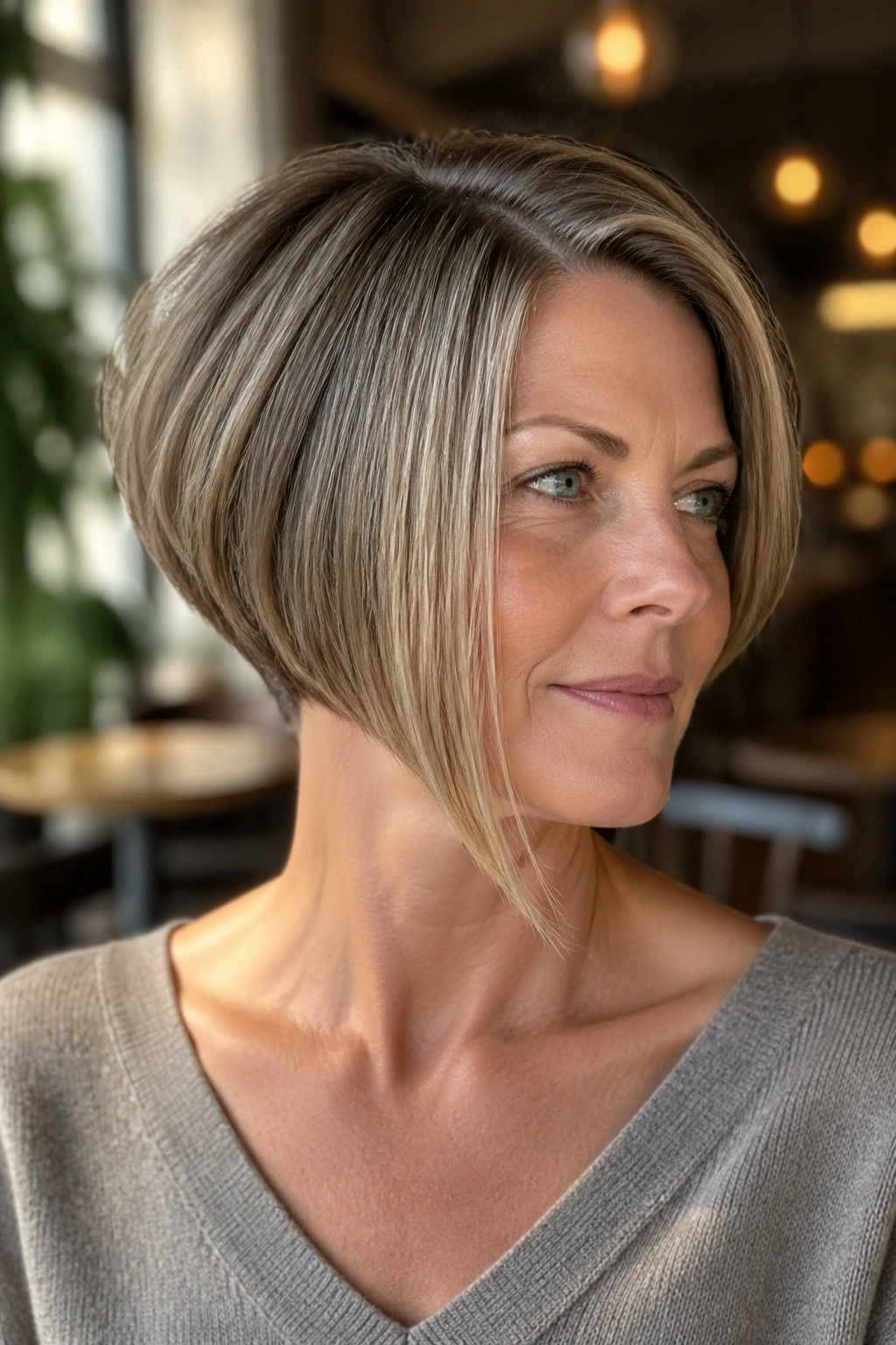 Portrait of a real woman with an asymmetrical razor bob and longer front, natural light.
