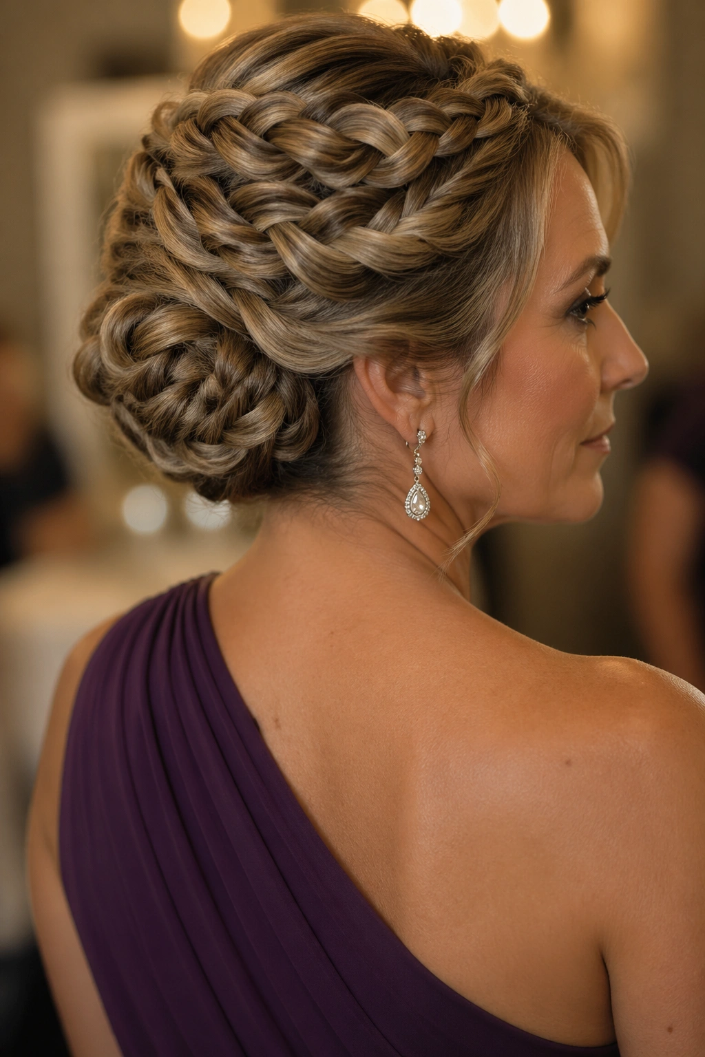 Close-up of asymmetrical rope braid roll on a real woman with one-shoulder dress