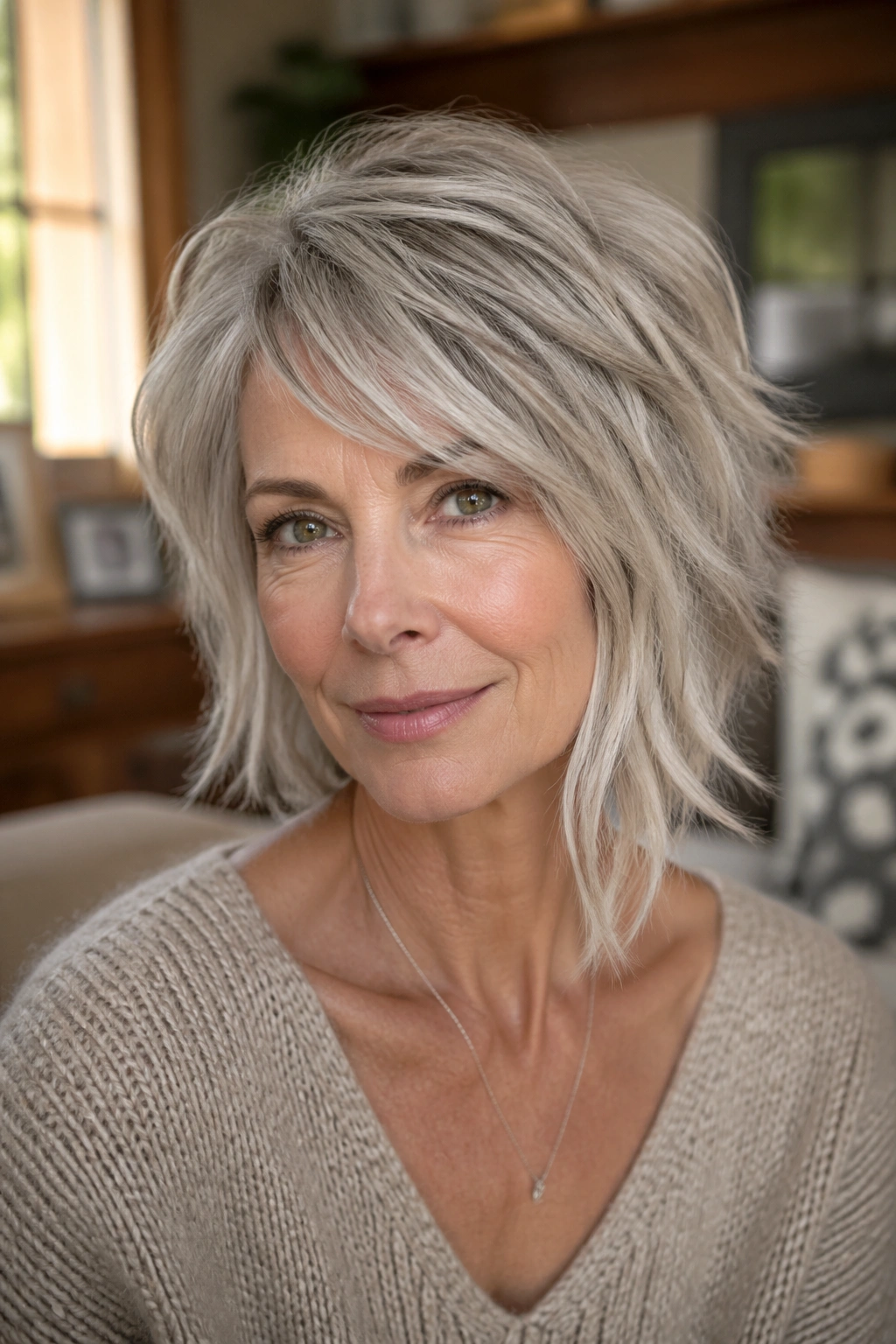 Close-up portrait of a real woman with an asymmetrical shag in warm living-room lighting