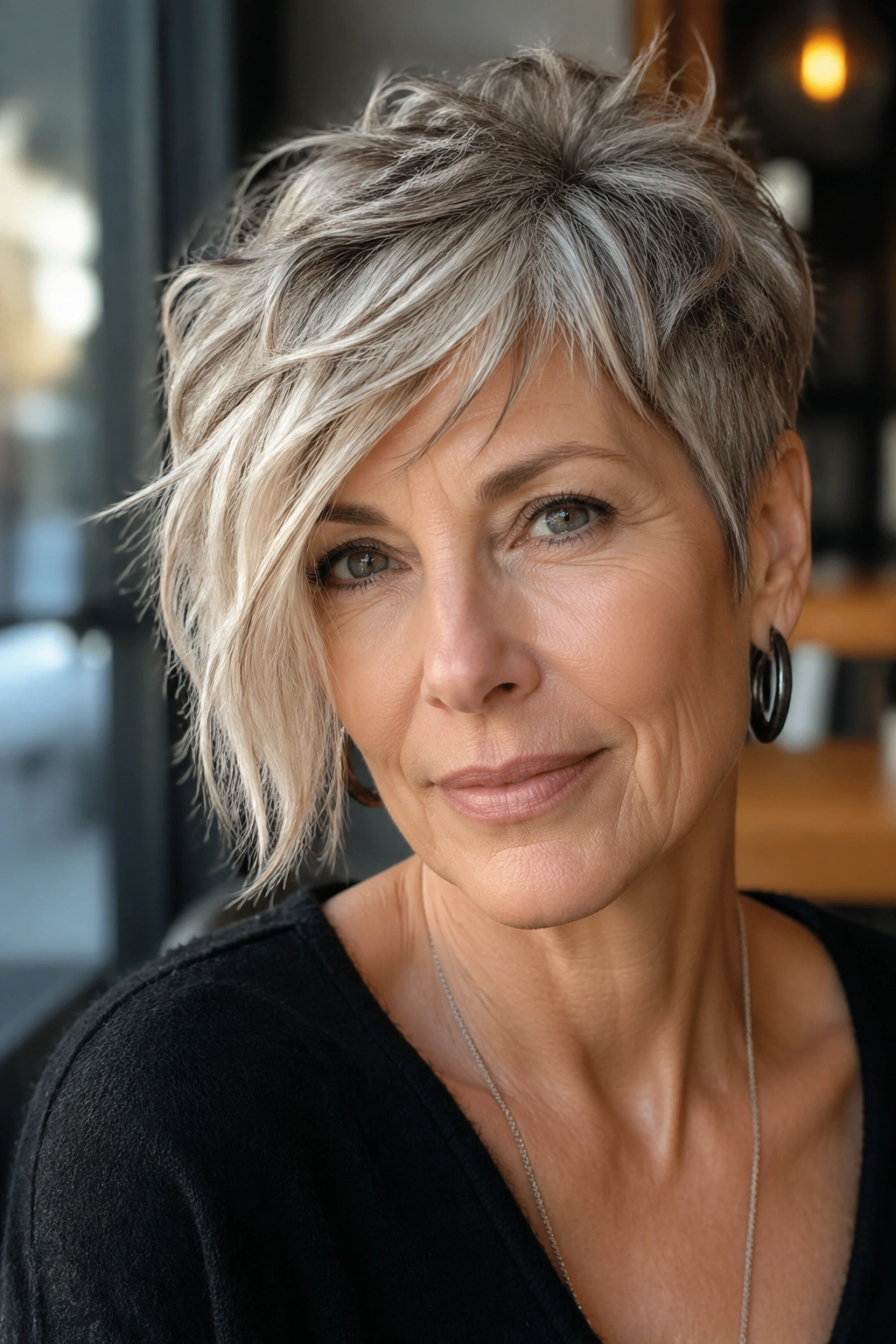 Close-up of real woman with asymmetrical shaggy crop