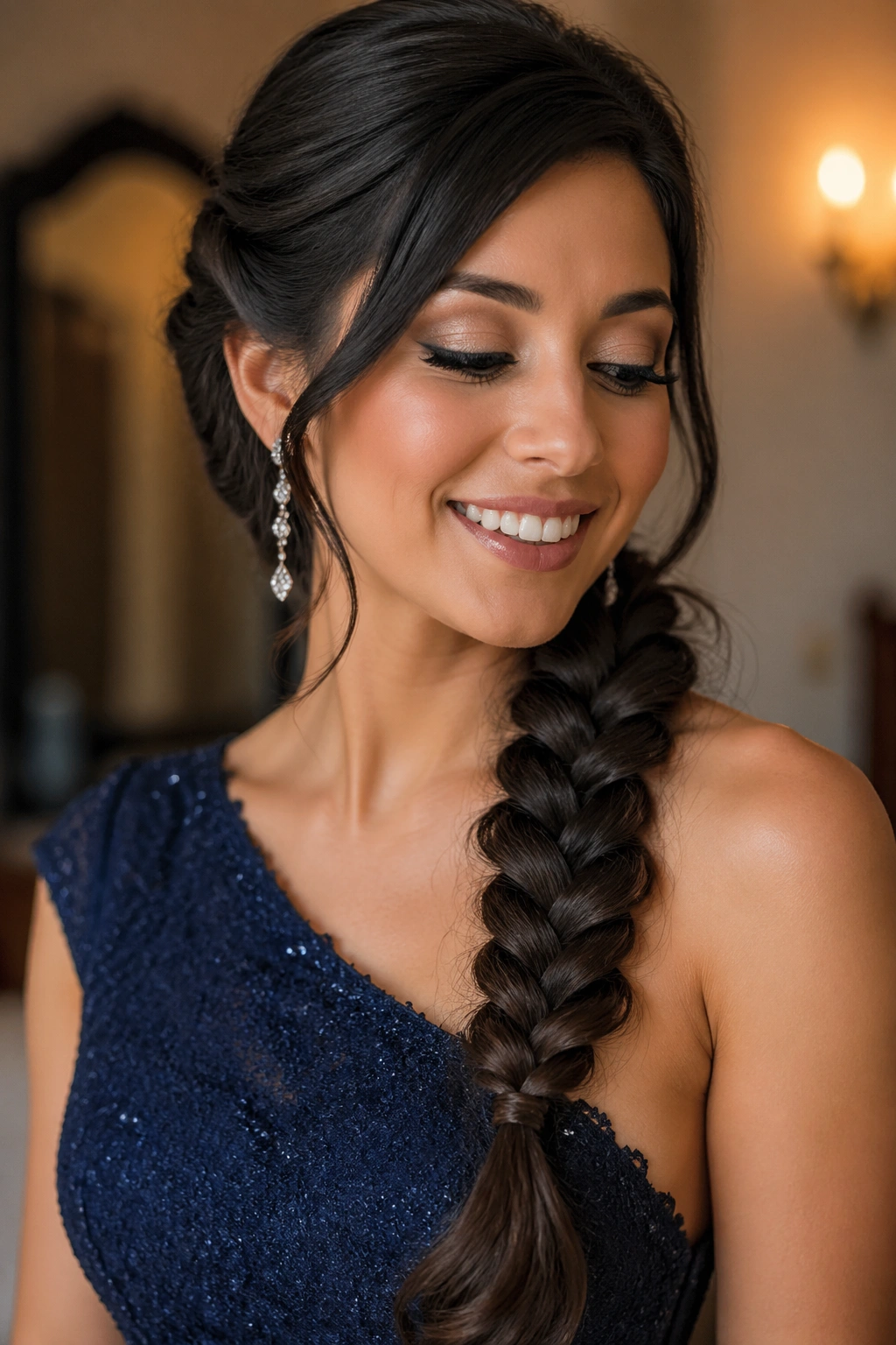Close-up of a real woman with an asymmetrical shoulder braid across one shoulder