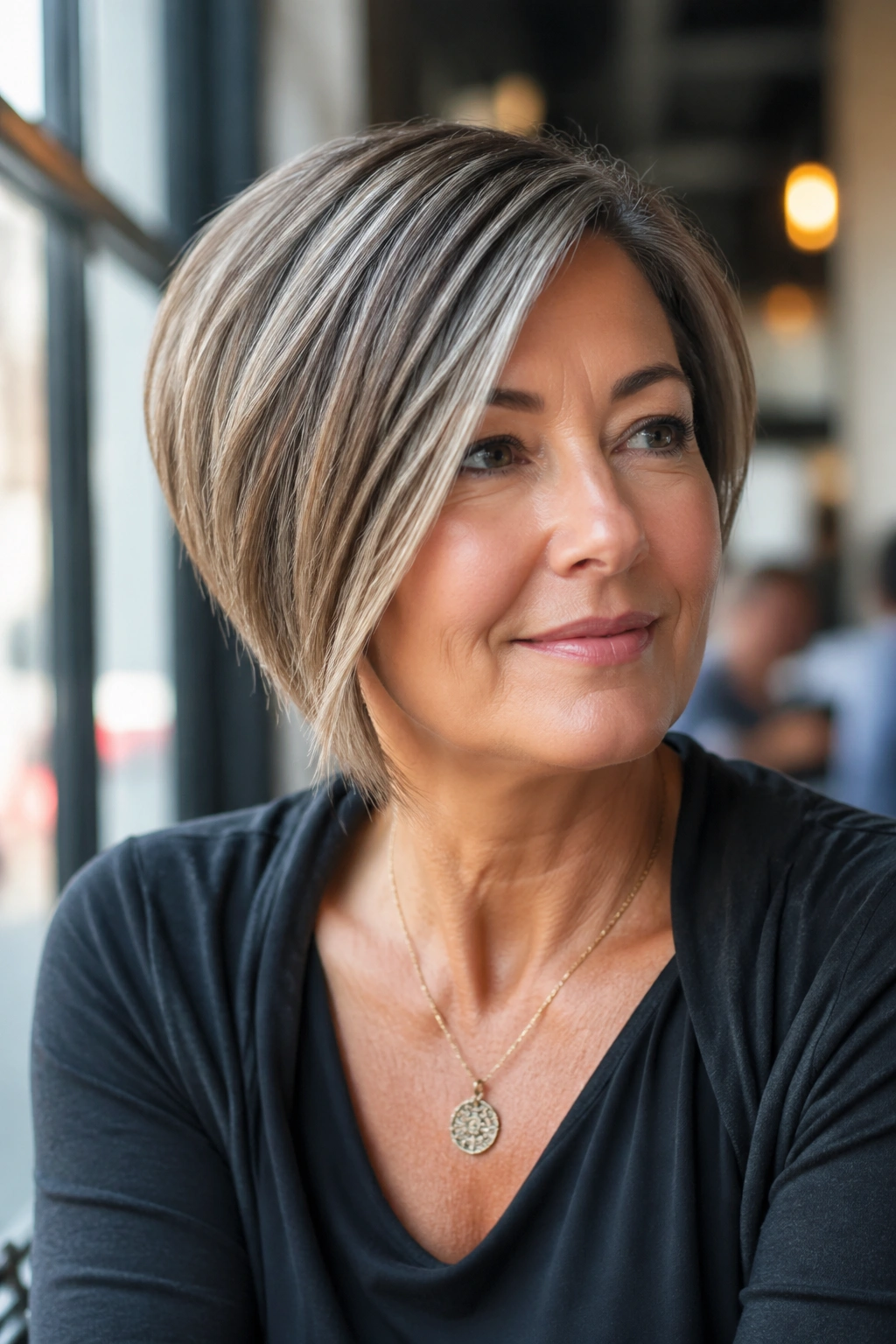Portrait of woman with asymmetrical wedge bob showing one longer side and soft finish
