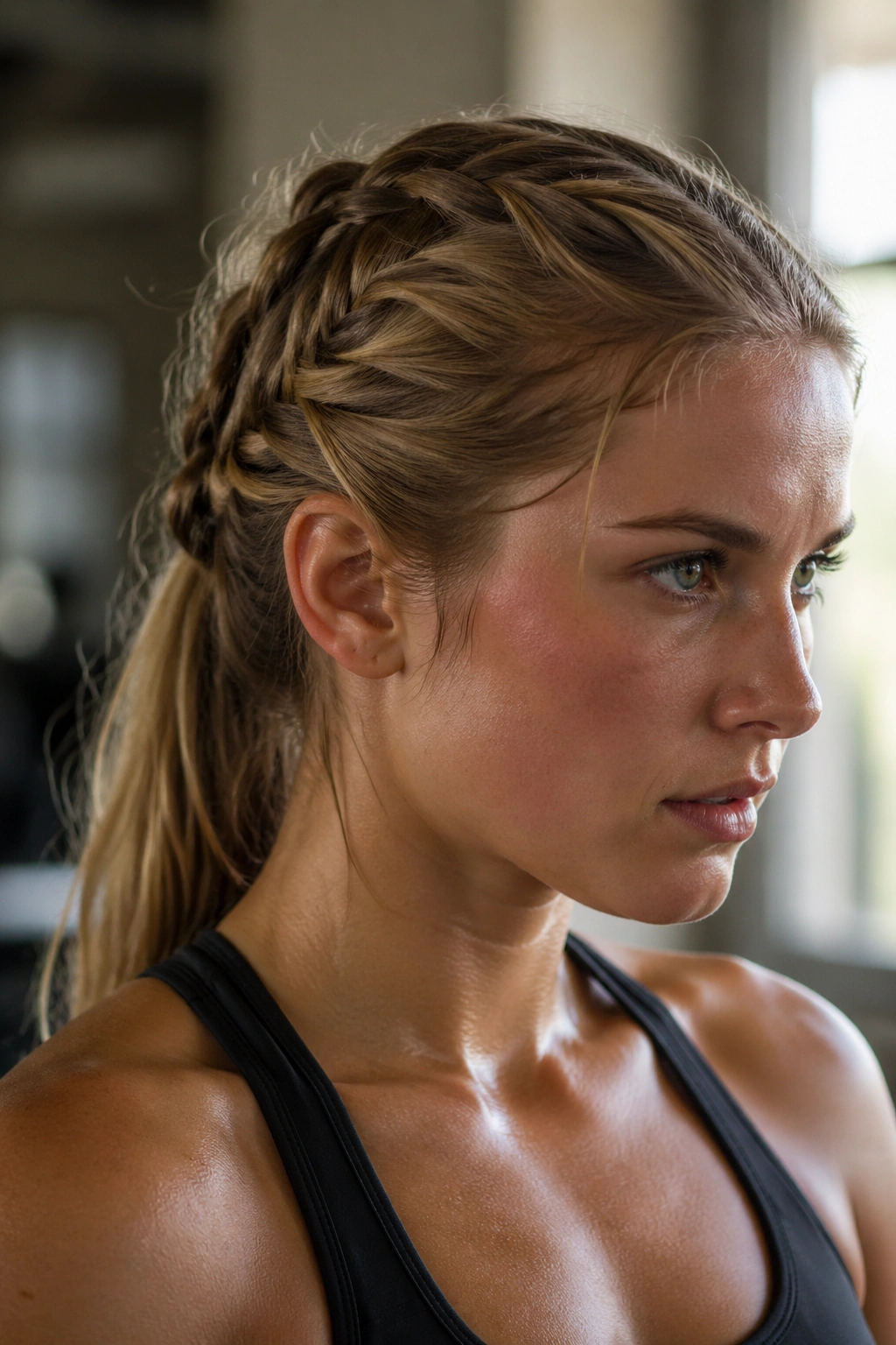 Close-up of a real woman with a sleek athletic half-up French braid