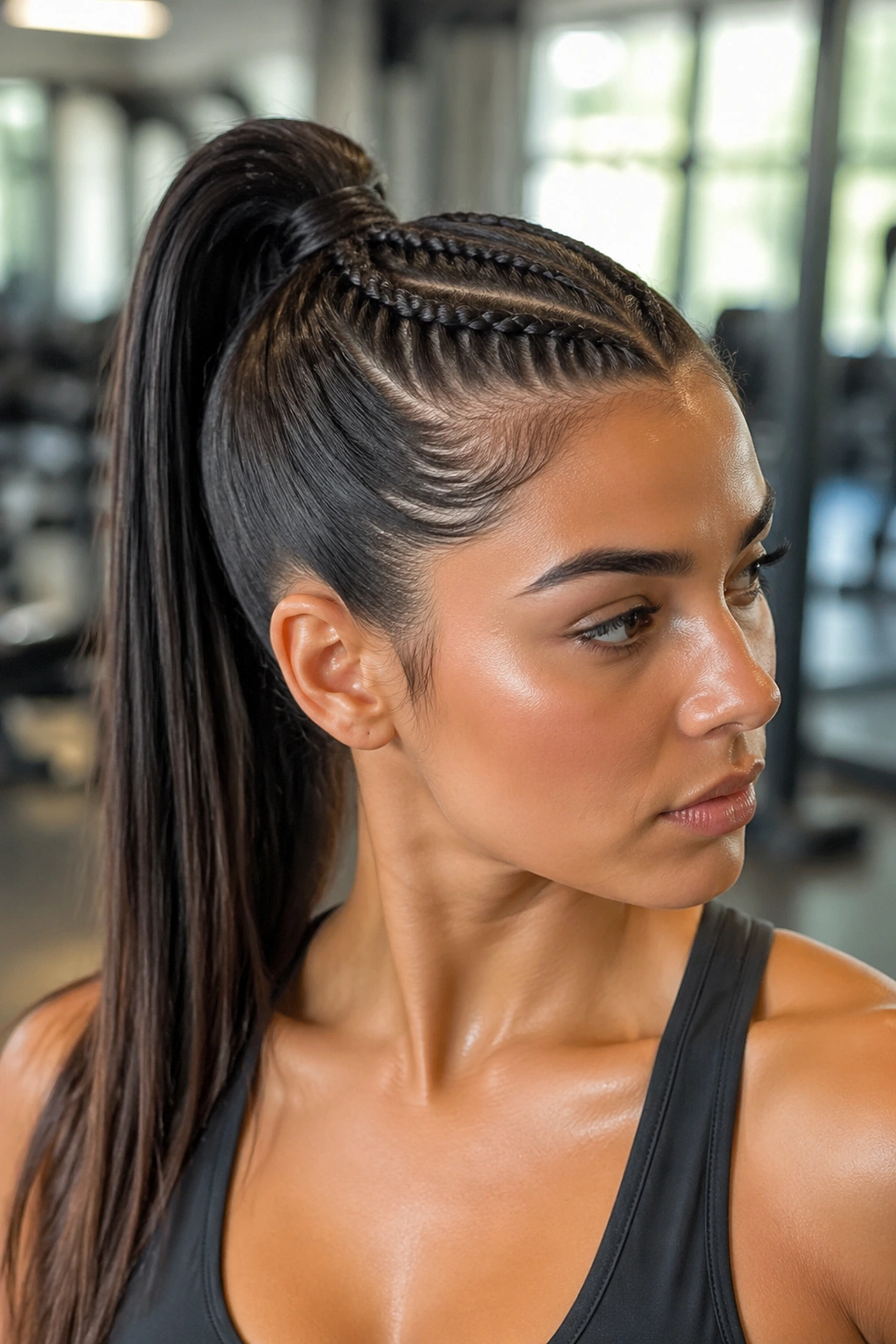 Close-up of a real woman's head with a tight lace braid ponytail for athletic use